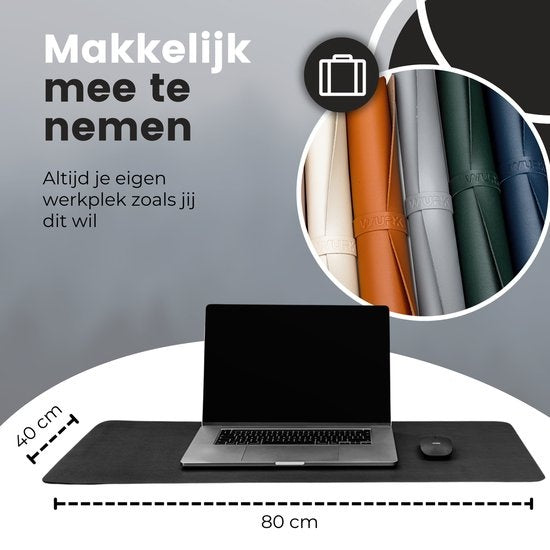 WURK Professionele Bureau Onderlegger Kunstleer – Bureau Organizer – Bureau Accessoires – Muismat XXL– Inclusief Kabel Clip – 80x40 – Zwart