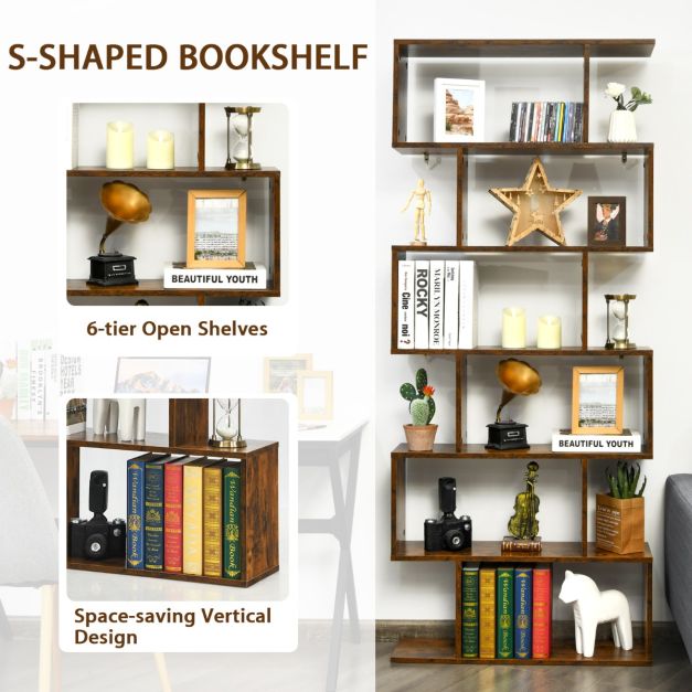 Coast Boekenkast – S-vormig & 6 Vakken – 80 x 23 x 191 cm – Bruin