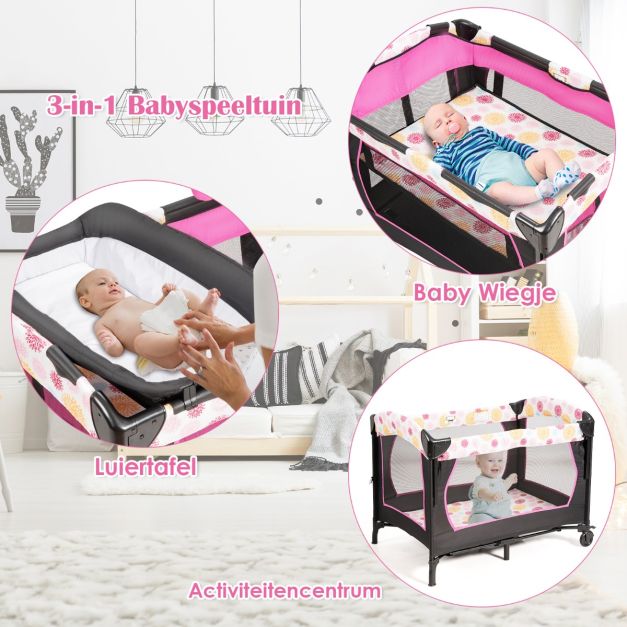 Coast 4-in-1 Babybed – Opvouwbaar Reisbed, Zijbed & Playpen – Zwart/Roze