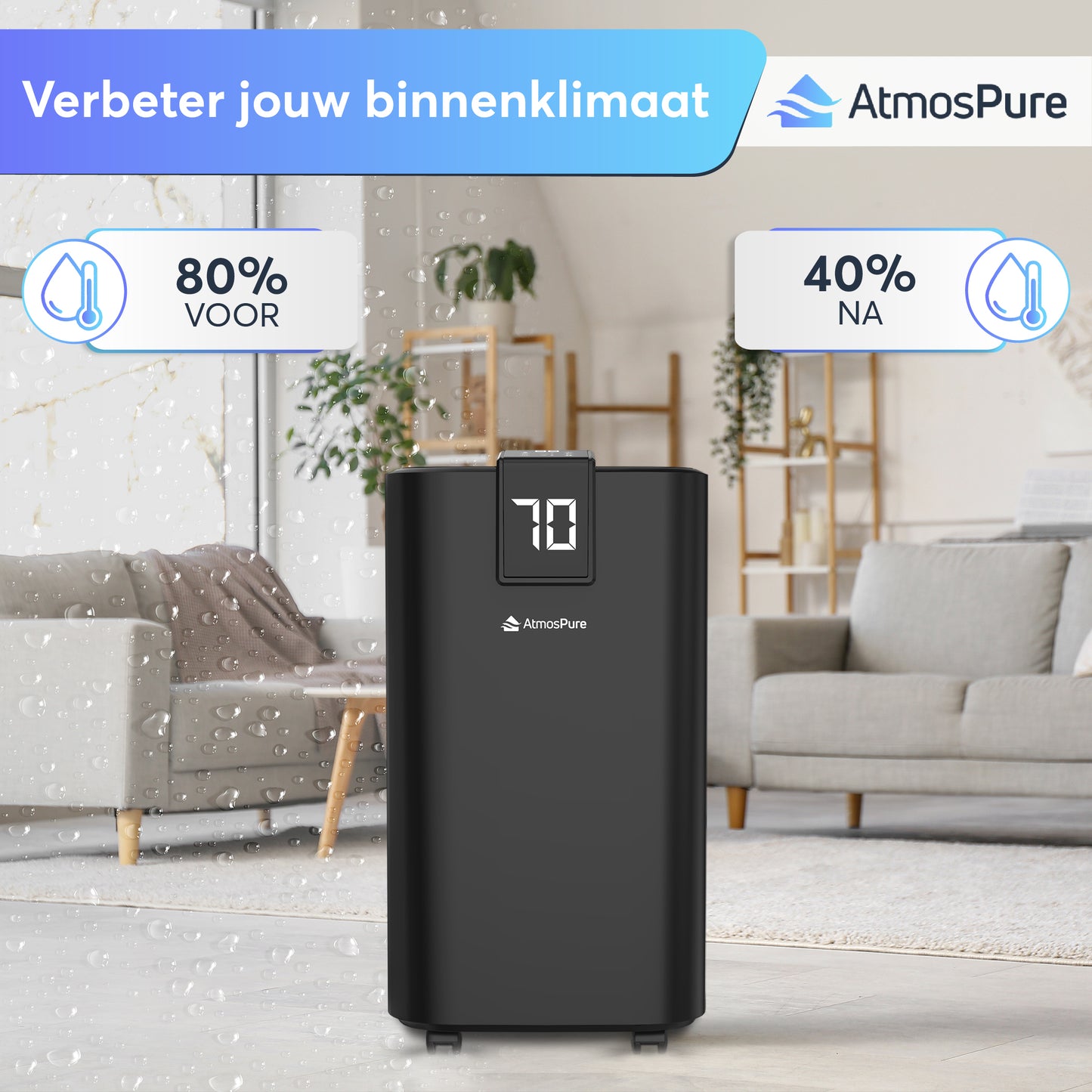 AtmosPure® Luchtontvochtiger AirDry Elite - 12L per Dag - Was-droog Functie - Luchtreiniger - Zwart