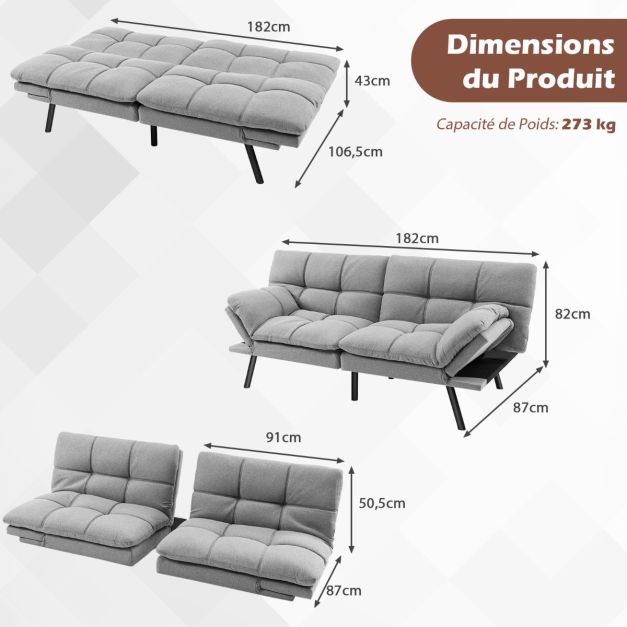Coast Slaapbank - Verstelbaar - 3-in-1 - Kunstleer & Traagschuim - 273kg - 182 x 87 x 82cm - Grijs
