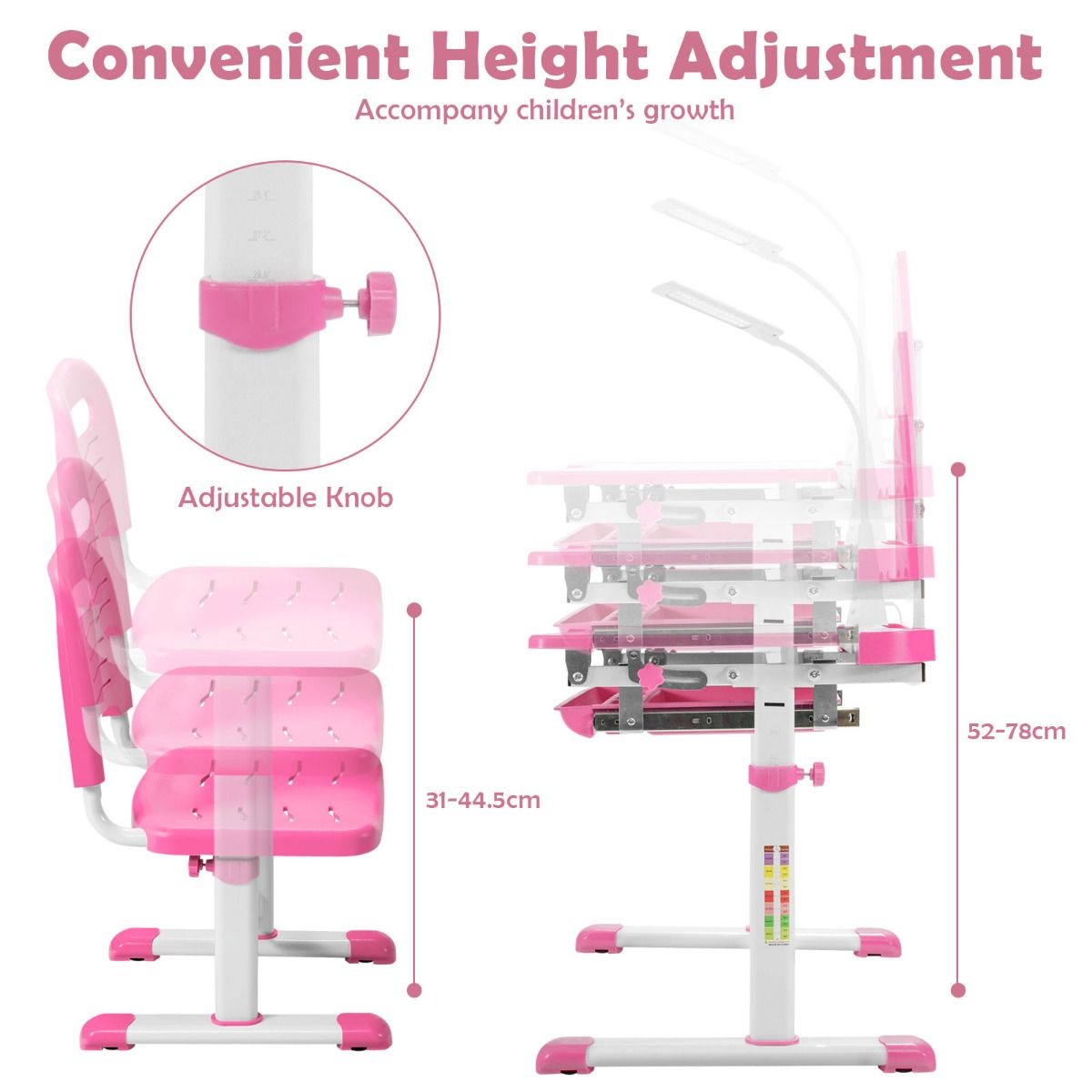 Coast Kinderbureau met stoel - Tekentafel - Hoogte verstelbaar - 71 x 52 x 79 cm - Roze