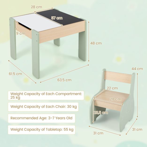 Coast kindertafel met stoel - 3-delig - 2 stoelen - afneembaar bord - 63,5 x 61,5 x 48cm - groen