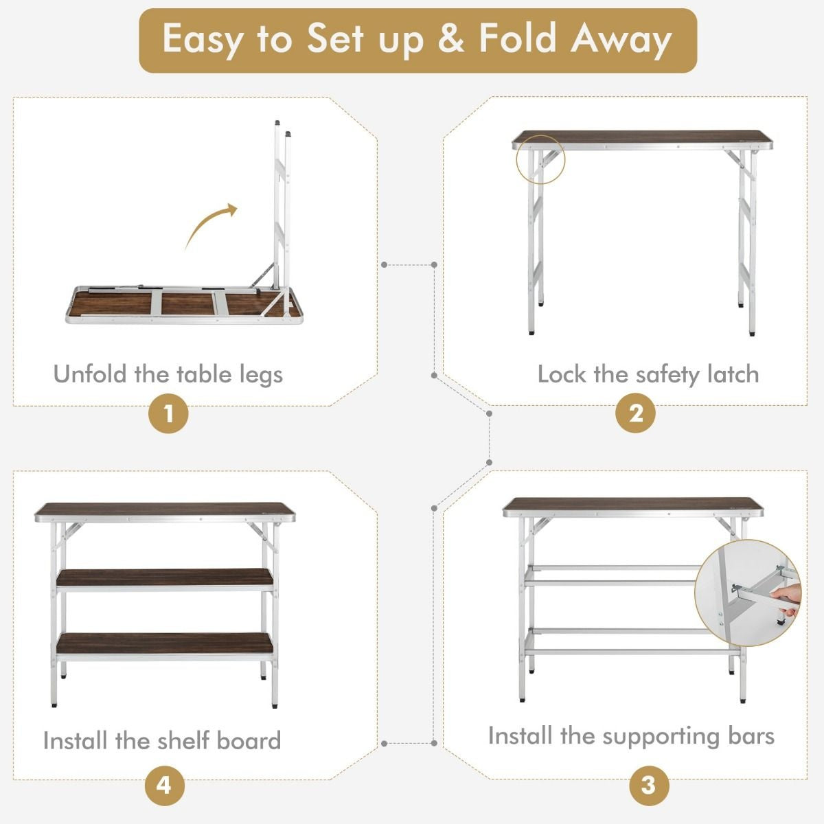 Coat Opvouwbare Campingtafel - inclusief Draagtas - Lichtgewicht - 110 x 38 x 88 cm - Bruin/Zwart
