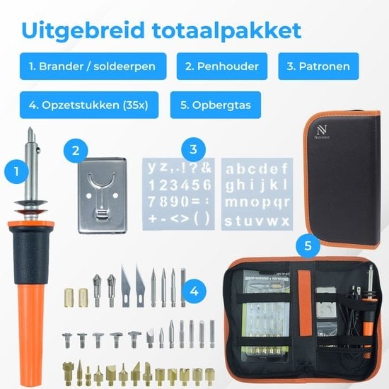 Nuvance - Houtbrander Set - Pyrografie voor Hobby - Soldeerbout - incl. 34 Opzetstukken & 2 Oefen Sjablonen - Soldeerset - Soldeer