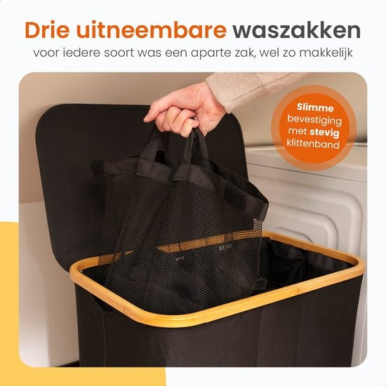 Goliving Wassorteerder 3 Vakken - 150L - Opvouwbare Wasmand Met Deksel - 3 Uitneembare Zakken Met Kleurlabels - 57 x 37 x 66 cm - Zwart