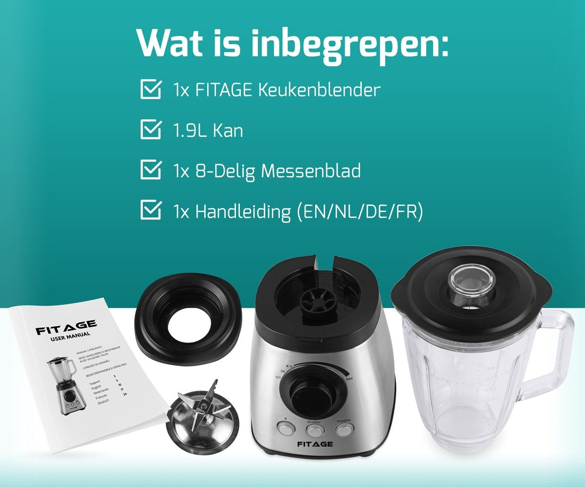 FITAGE Blender - Keukenblender - 1200W en 1.9L Kan - Smoothie Maker - Blender to Go