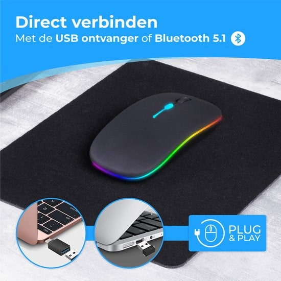Nuvance – Draadloze Led Bluetooth Muis – 3 Dpi-standen & 7 Rgb-kleuren – Voorzien Van Stille Knoppen En Oplaadbare Accu – Voor Laptop En Gaming – Zwart Kunststof