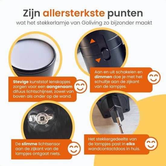 Goliving Nachtlampje Stopcontact - 2 stuks - Stekkerlampen - 10,7 x 9,3 cm - Volwassenen - Boven en Onder Verlichting - Dimbaar - Dag- en Nachtsensor - Stekkerspot - Zwart