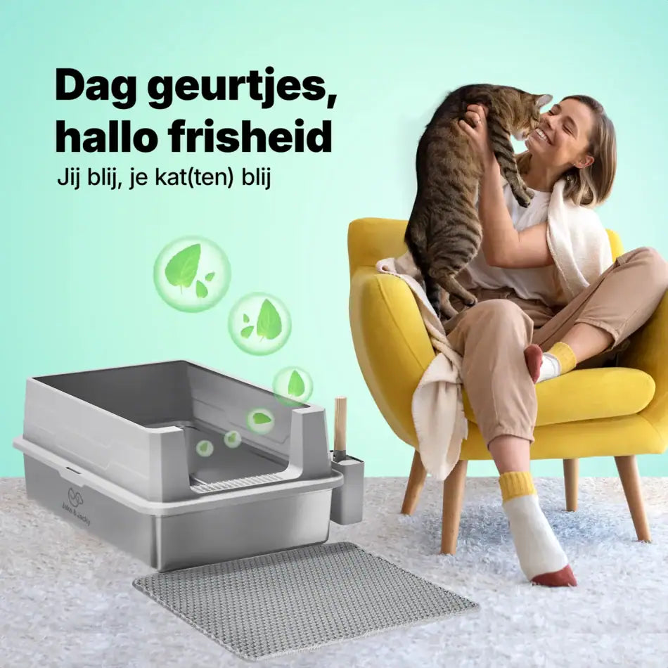 Jake & Jacky RVS Kattenbak Open XXL - voor Grote Katten - Incl. Kattenbakschep met Houder en Gritopvang Mat