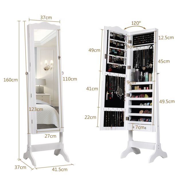 Coast sieradenkast - 12 Ledlampen - met spiegel - kantelbaar - met lades - 41,5 x 37 x 160 cm - wit