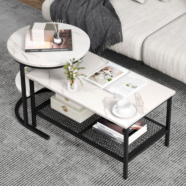 Coast Bijzettafel - Set van 2 - Marmerprint - Wit/ Zwart