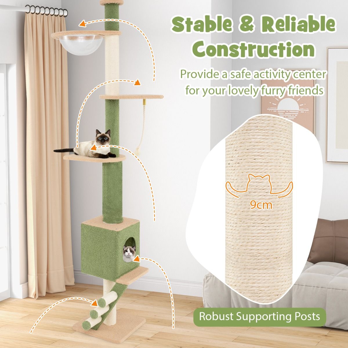 In Hoogte Verstelbare Krabpaal 218–253 cm – Luxe Kattentoren met 5 Verdiepingen, Ruimtecapsule, Sisal Krabpalen, Touw en Ladder – Voor Actieve en Rustende Katten