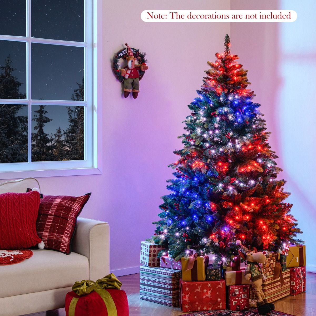 Coast Kunstmatige Kerstboom 180 cm Groen – 118 cm Diameter – 370 RGB APP-gestuurde LED-lampjes – Met Dennenkegels en Rode Bessen