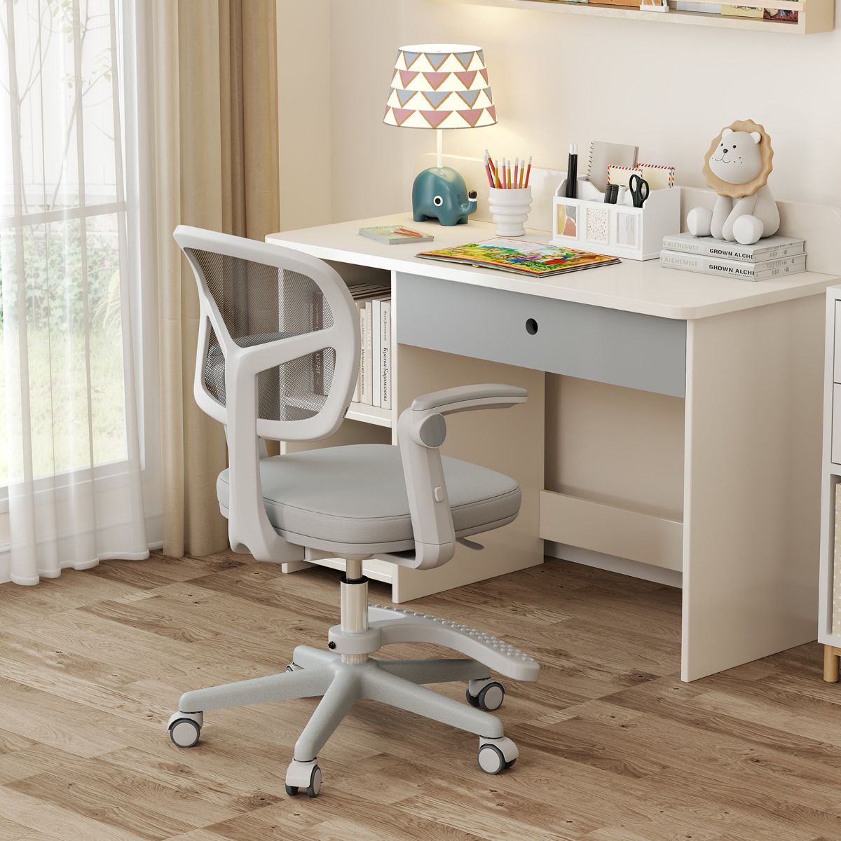 Coast Kinder Bureaustoel Ergonomisch Verstelbaar met Wielen en Voetsteun – Zithoogte 41-52 cm – Grijs – 57 x 55 x 80-91 cm