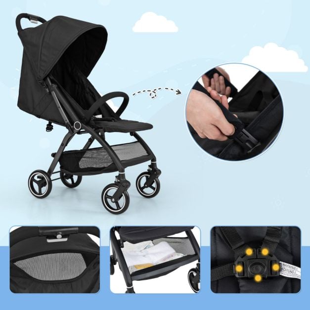 Coast Reisbuggy – Lichtgewicht Kinderwagen met Verstelbare Rugleuning en Zonnekap – Zwart/Grijs