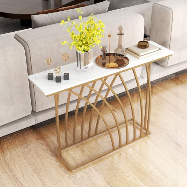 Coast Dressoir tafel - Marmerlook met Metalen standaard - 120 x 30 x 80 cm - Wit/goud