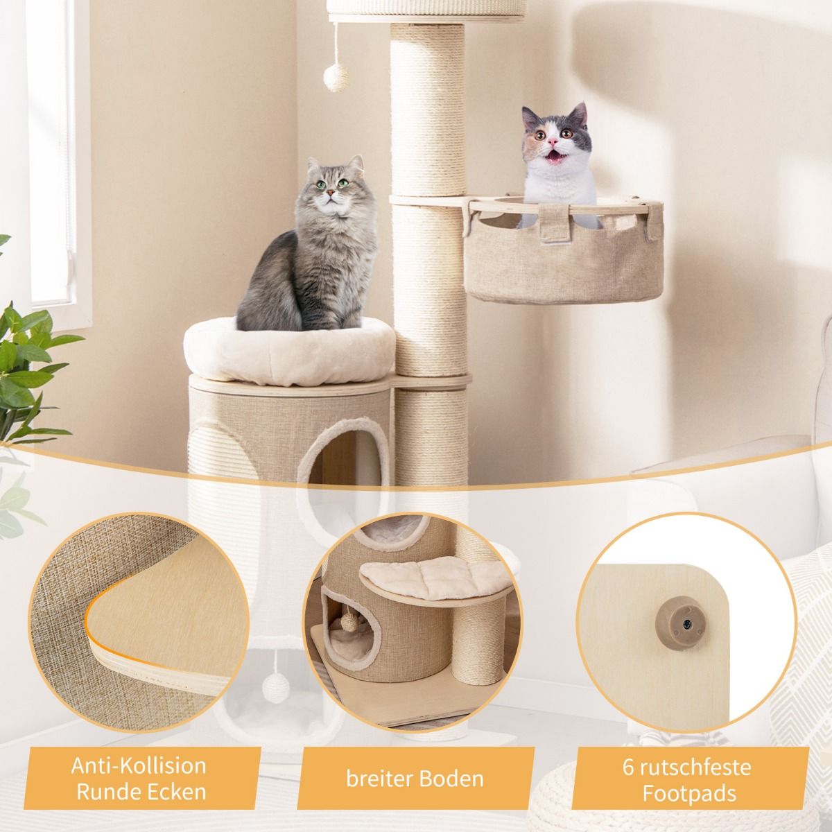 Kattenboom met Krabton – 2-Laags Kattenhuis met Hangmat 58 x 48 x 154 cm – Naturel