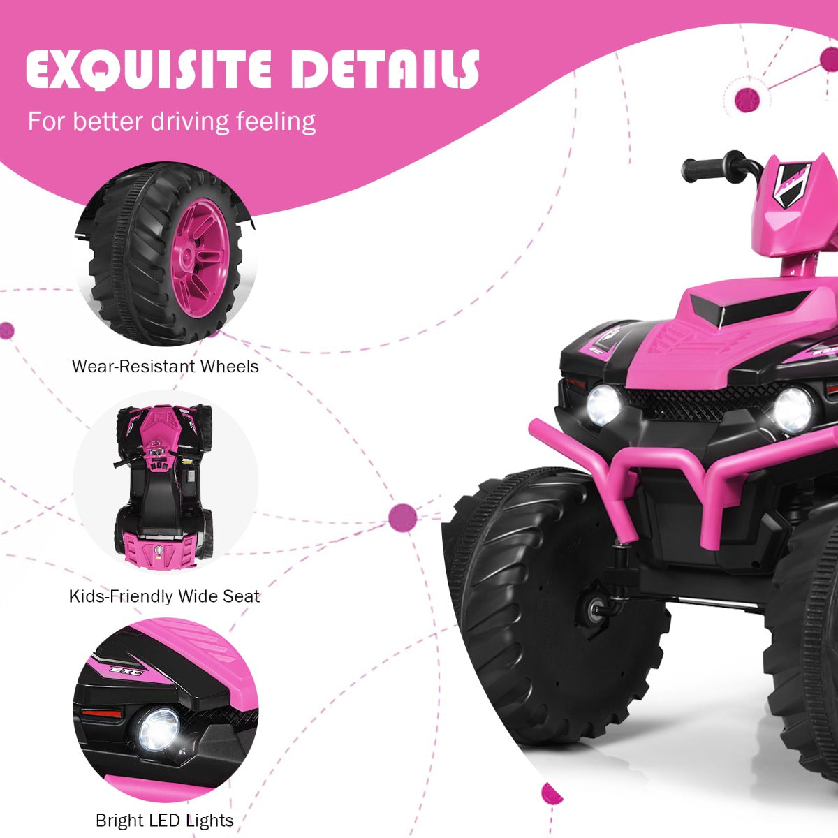 Coast Elektrische Kinder Quad - 2,8-5 km/u - 12V - Met Muziek - 104 x 67 x 74 cm - Roze/Zwart