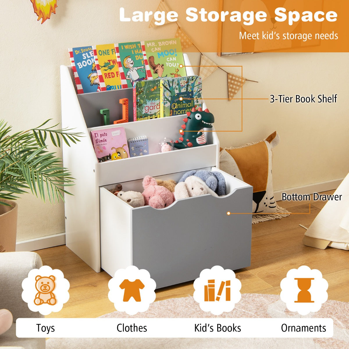 Coast kinderplank met 3 planken en rollende speelgoeddoos kinderen boekenkast grijs + wit