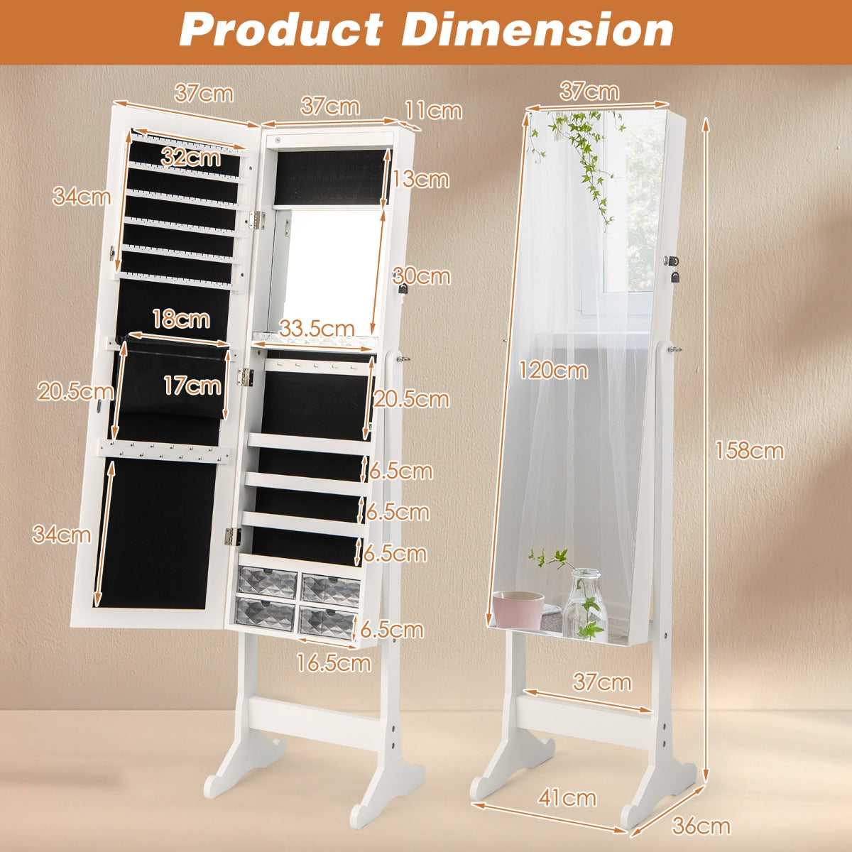 Coast Holige sieradenkast met full body Mirror & Led Lights White