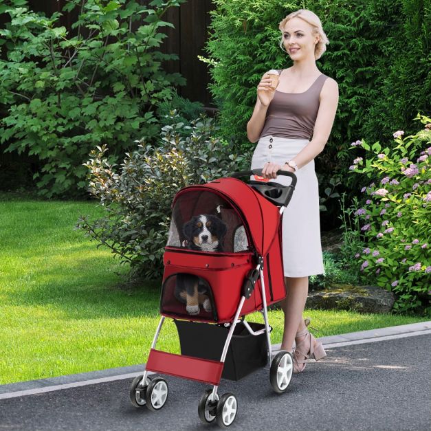 COAST 4-Wiel Opvouwbare Honden- en Kattenwagen Hondenwagen Huisdierbuggy tot 15 kg met Netvensters/Bekerhouders/Aanhangers Rood