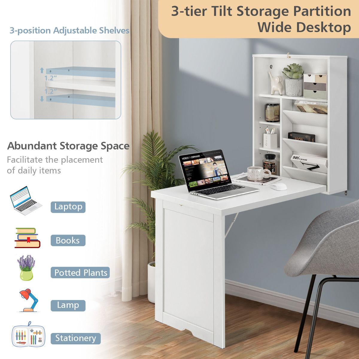 Coast Wandklaptafel Wit – 60 x 94,5 x 151 cm – Inklapbaar Bureau met Opbergruimte