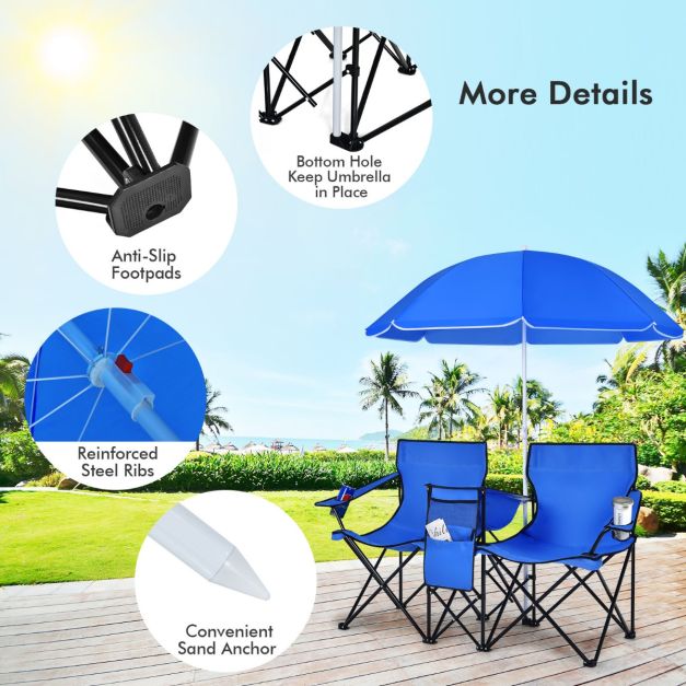 Coast 2-Zits Campingstoel - Met Parasol en Koeltas - Opvouwbaar - Blauw