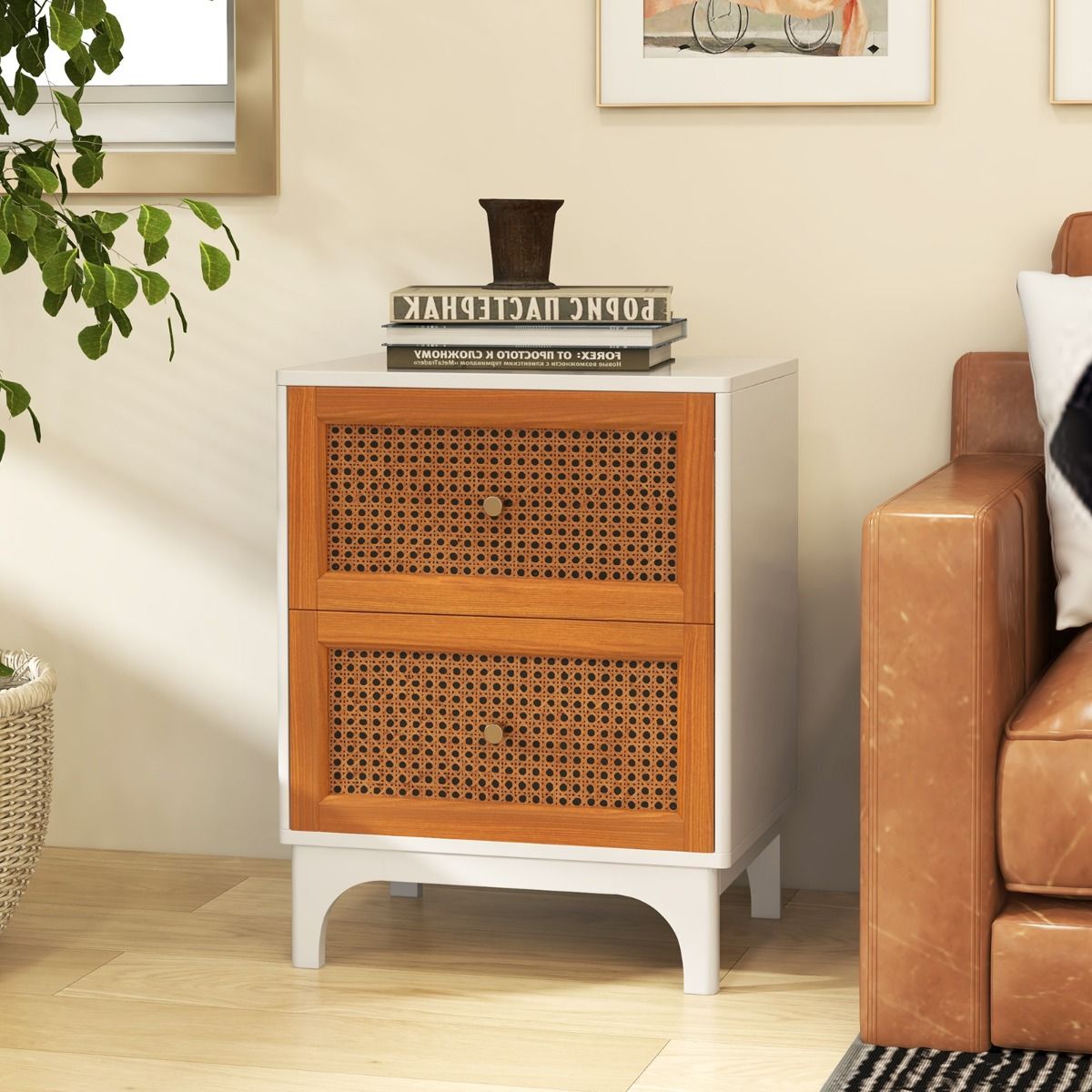 Coast Rotan Nachtkastje Boho Wit & Bruin 46x33x59,5 cm met 2 Handgeweven Lades