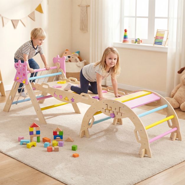 Coast Montessori Klimset Naturel/Macaron – Houten 8-in-1 Klimdriehoek met Boog en Glijbaan – 90 x 38,5 x 13 cm Ramp