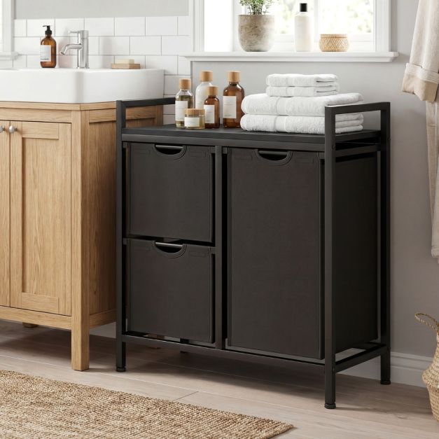 Coast Wasmand - Uitneembare Vakken - 75L capaciteit - 3 sorteervakken - Metalen frame - Oxford zakken - Zwart