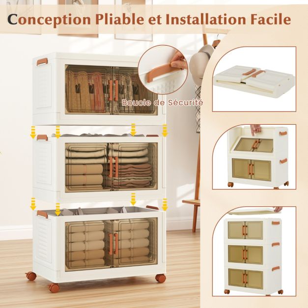 Coast Opbergboxen Wit/Bruin – Opvouwbare Stapelbare Organizer met Deuren en Wielen – 57-156L