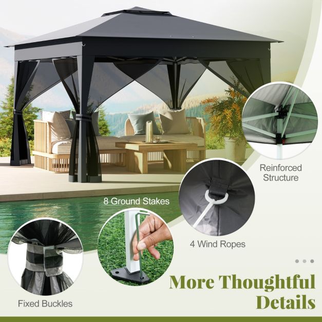 Coast Pop-up Partytent Grijs – Tuinpaviljoen met Dubbel Dak en Gaaswanden – 337 x 337 x 260 cm