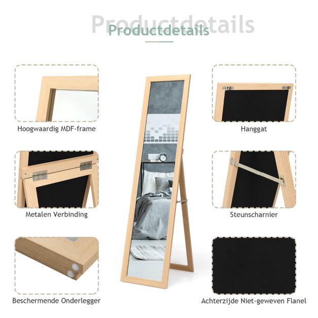 Coast 2 in 1 volle spiegel staande spiegel en wandspiegel met houten frame 37 x 155 cm natuur
