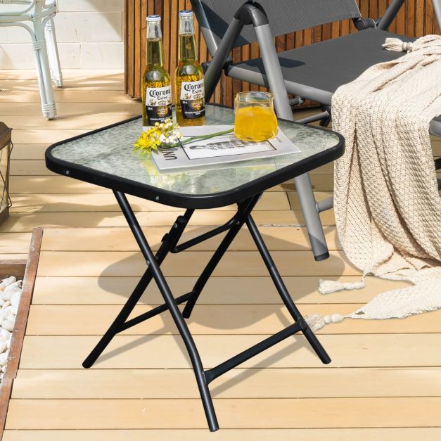 Coast Bijzettafel – Vierkant – Opvouwbaar – Glazen Tafelblad & RVS Frame – Zwart