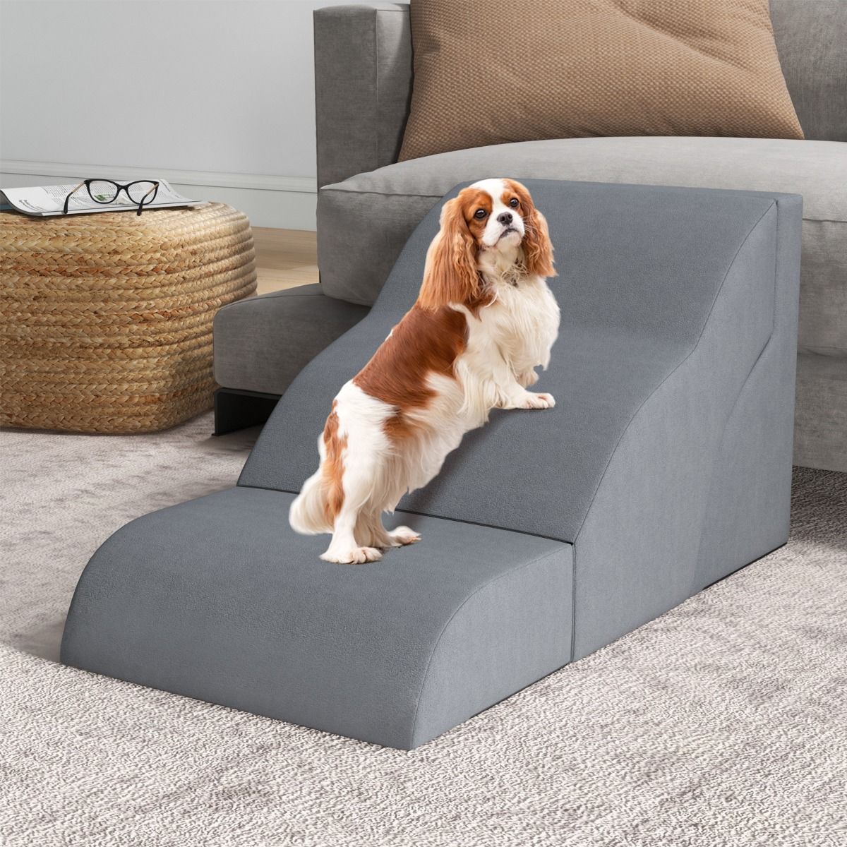 Coast Extra Brede Schuimrubberen Oprijplaat voor Huisdieren 2-in-1 met 3 Niveaus – Antislip – Grijs – 97 x 40 x 40 cm