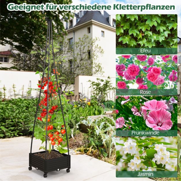 Coast Plantensteun met Bloembak Zwart – Verrijdbare Tuinobelisk met Klimrek en Wielen – 41 x 41 x 206 cm