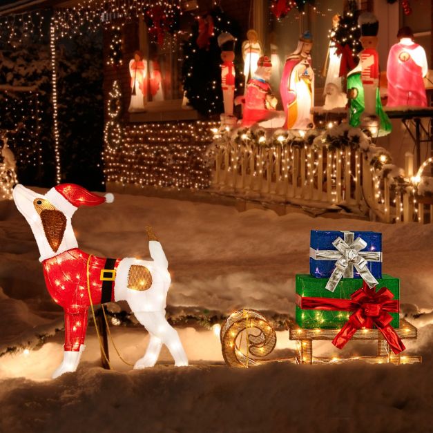 Coastway verlichte kerstdecoratie van een kersthond slee - 220-240V - (Hond) 78 x21x82cm - (Slee) 86x25x59cm