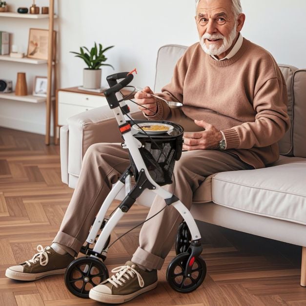 Coast Rollator Wit/Zwart – Smalle Opvouwbare Loopwagen met Dienblad, Mand en Remmen – 68 x 53 x 90-103 cm