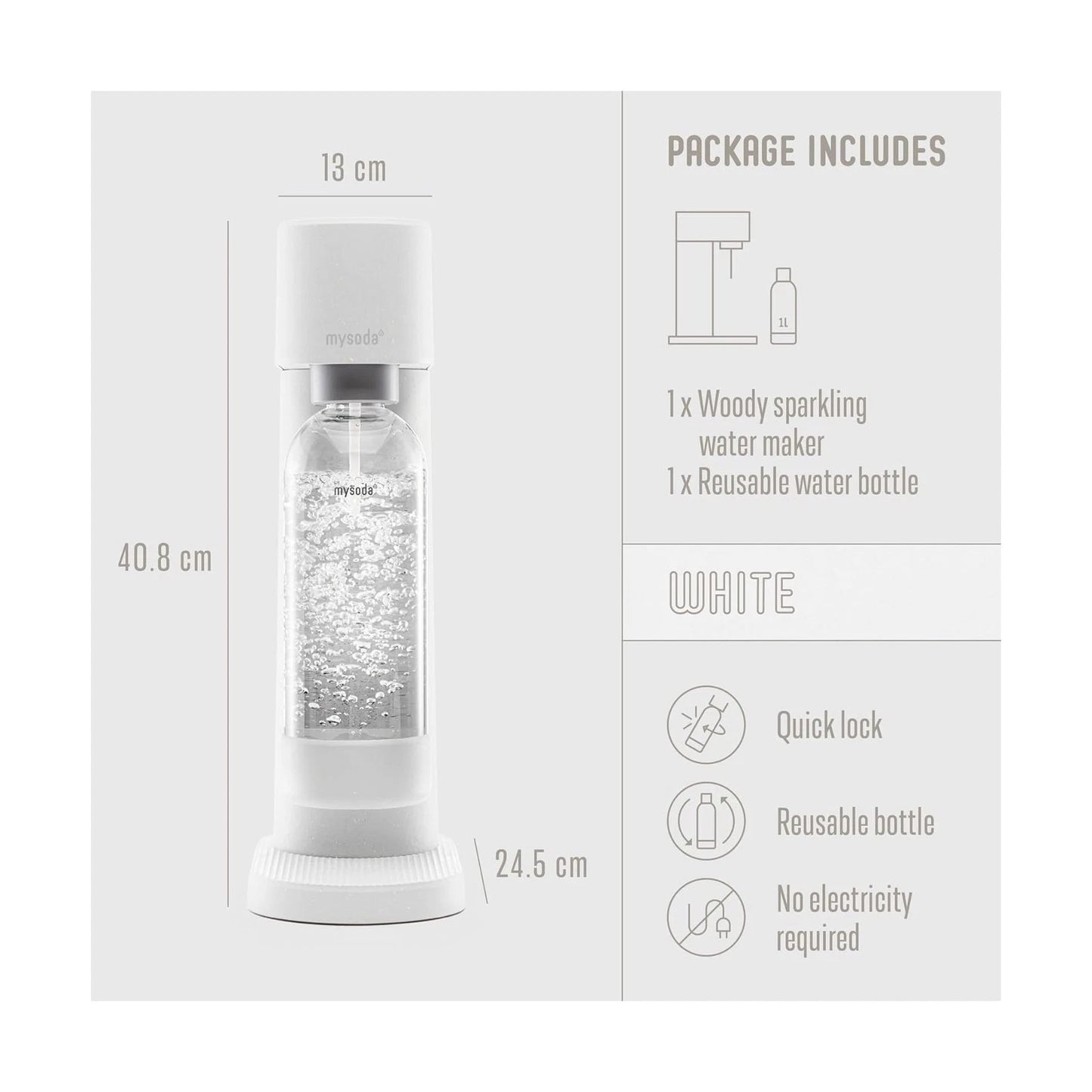Mysoda – Woody Sparkling Water Maker & Bruiswatertoestel – 1 Liter – Stil Mechanisme & Quick-Lock Systeem – Exclusief CO2 Cilinder – Wit Houtcomposiet