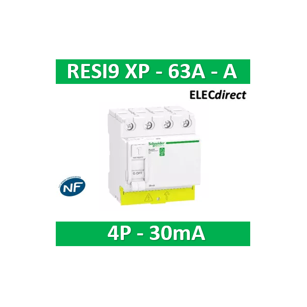 SCHNEIDER Resi9 XP Differentieelschakelaar 4-polig 63A 30mA Type A – Peignable – 72x82x78,5 mm – Wit