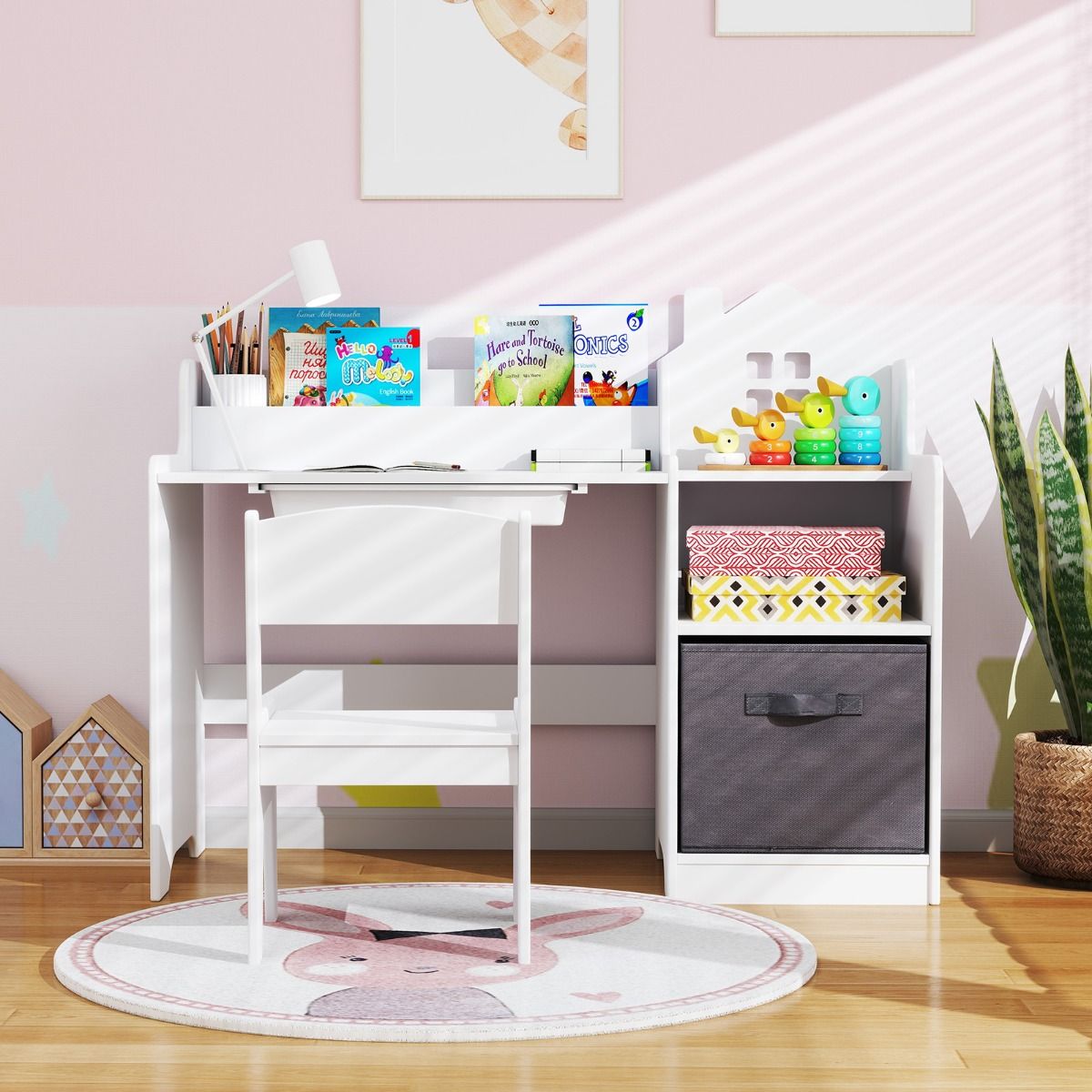Coast Kinderbureau met Stoel en Opbergvakken – Wit – 94 x 40 x 76,5 cm