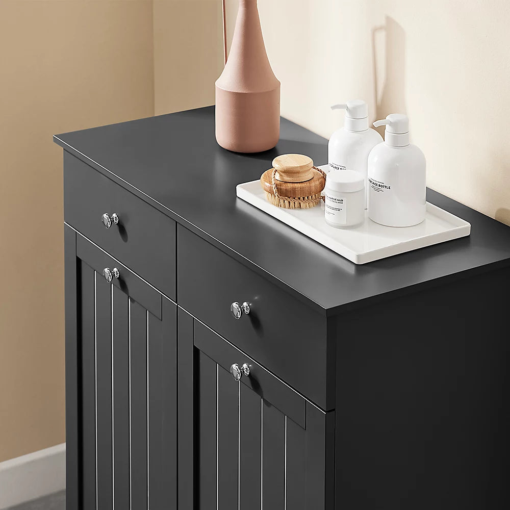 SoBuy Vrijstaande Badkamerkast Wasmandkast – Voorzien Van Twee Uitneembare Wasmandzakken En Twee Laden En Vier Siliconen Pads – Voor Badkamer En Wasruimte – Zwart Mdf En Stof – 78 x 39 x 91 cm
