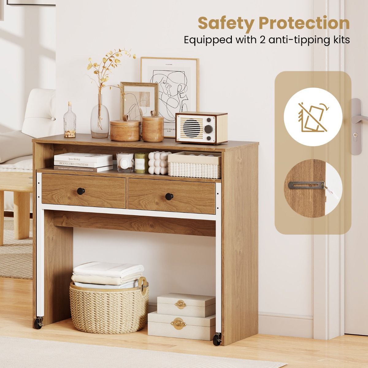 Coast Uitschuifbaar Bureau met 2 Lades en Wielen - 100 x 63 x 88 cm - Natuurlijke Houtkleur