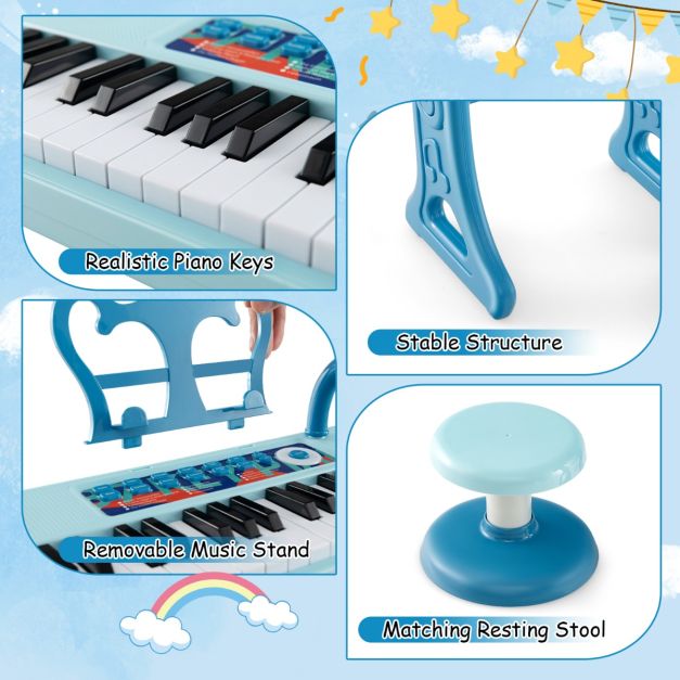 Coast Kinderpiano - 37 Toetsen - met Verstelbare Kruk en Microfoon - Afneembare Standaard - Blauw