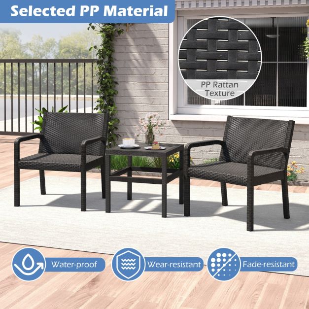 Coast Balkonset Zwart – 3-Delige Rattan Look Tuinmeubelset met 2 Stoelen en Tafel – Tafel 50 x 50 x 52,5 cm