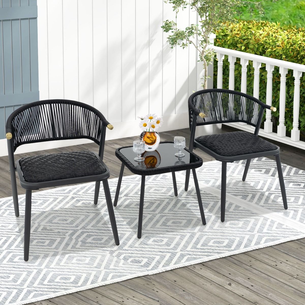 Coast 3-Delige Rotan Loungeset Gemêleerd Bruin - 2 Terrasstoelen met Sneldrogend Schuim en Salontafel van Gehard Glas - 57 x 58 x 76 cm