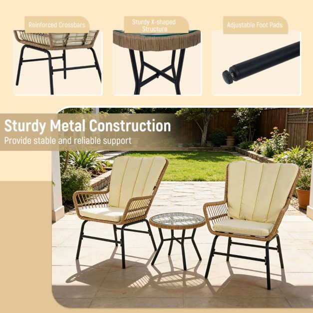 Coast 3-Delige Bistroset- Inclusief Kussens - Gehard Glazen Tafel - Weerbestendig - Bruin/Beige