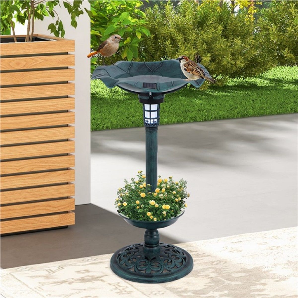 Coast Retro vogelbad met solarverlichting – vogelvoederstation met bloempot en standaard – groen – 43 x 43 x 76 cm