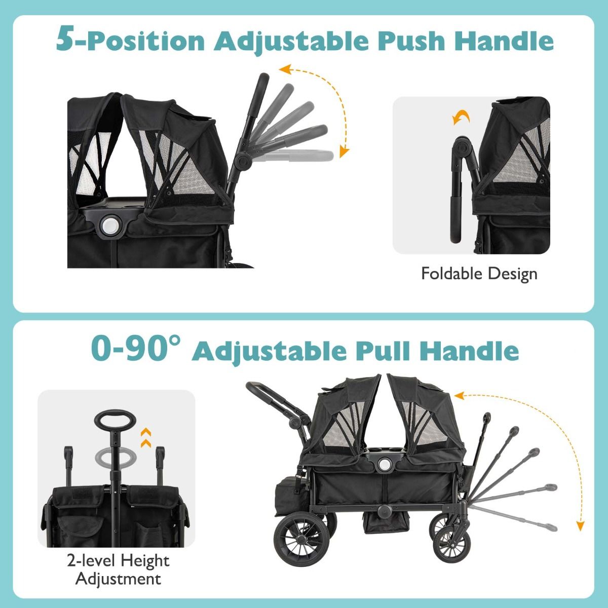 Coast 2-in-1 Opvouwbare Tweelingwagen Zwart – 104 x 57 x 107 cm – Met Verstelbare Handgreep en Afneembare Kap